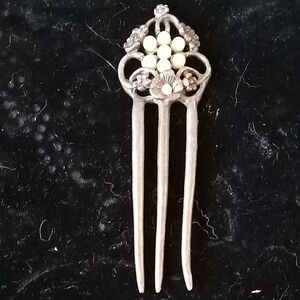 Vintage Floral Metal Hair Fork - Silver and Cream